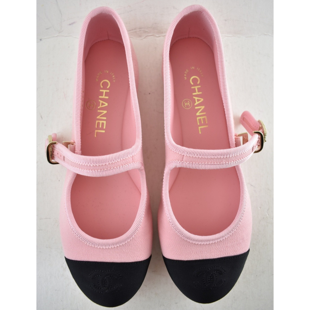 Chanel 25S Pink Fabric Black CC Logo Mary Jane Strap Ballerina Ballet Flat 37 - Picture 11 of 16